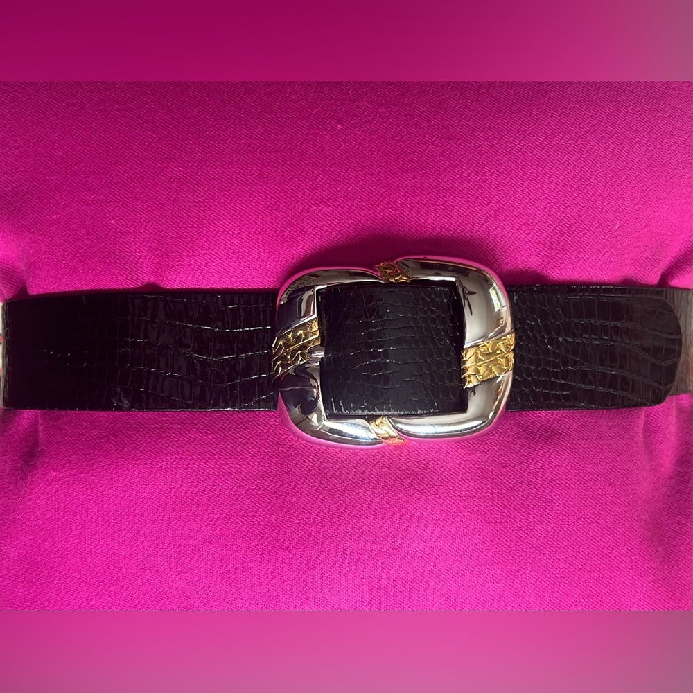 Vintage 1980’s Alexis Kirk Wide Black Leather Adjustable Belt - Picture 2 of 5